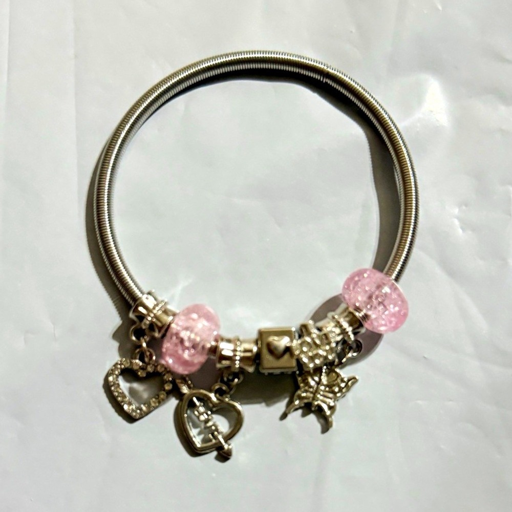 Silver Tone Bangle Charm Bracelet Pink Round Glass Beads Heart Dangle Charms